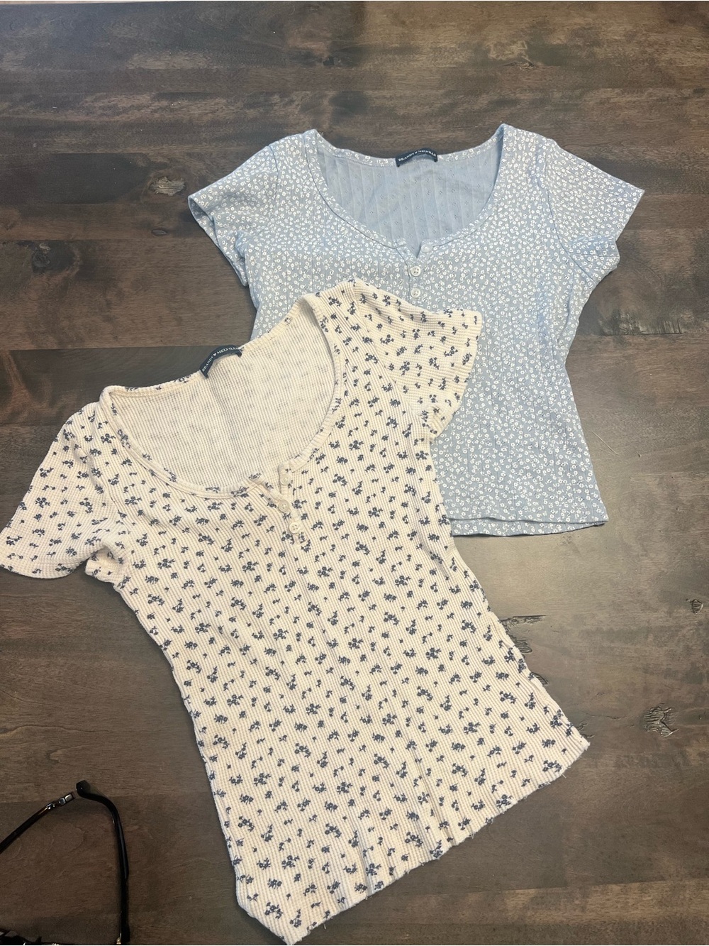 Lot of 2 Brandy Melville Light Blue & Cream Floral Ribbed Short Sleeve Tees